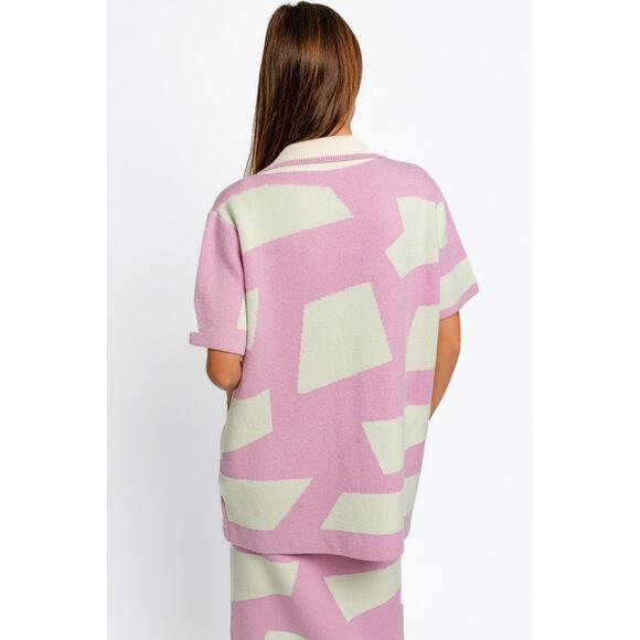 Geometric Collared Short Sleeve Cardigan - Picture 2 of 4